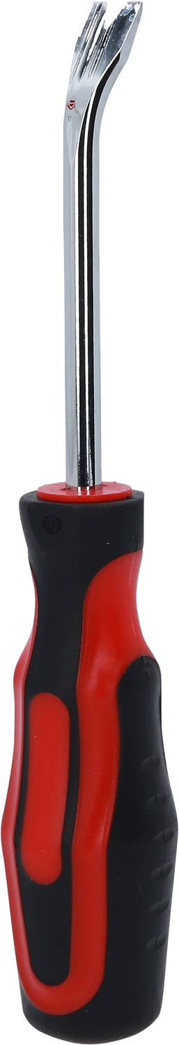 Black and red plastic handle with a metal rod that tapers to two pointed ends, resembling a trim strip wedge removal tool.