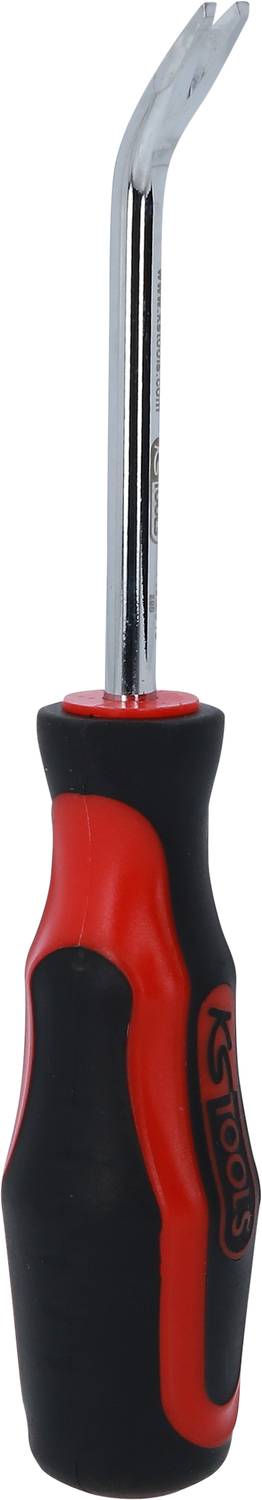 A curved hand tool with a red and black handle and a metallic tip, used for removing staples or fastenings.