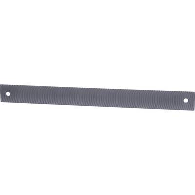 Metal rail with two holes at the ends; grooved surface.