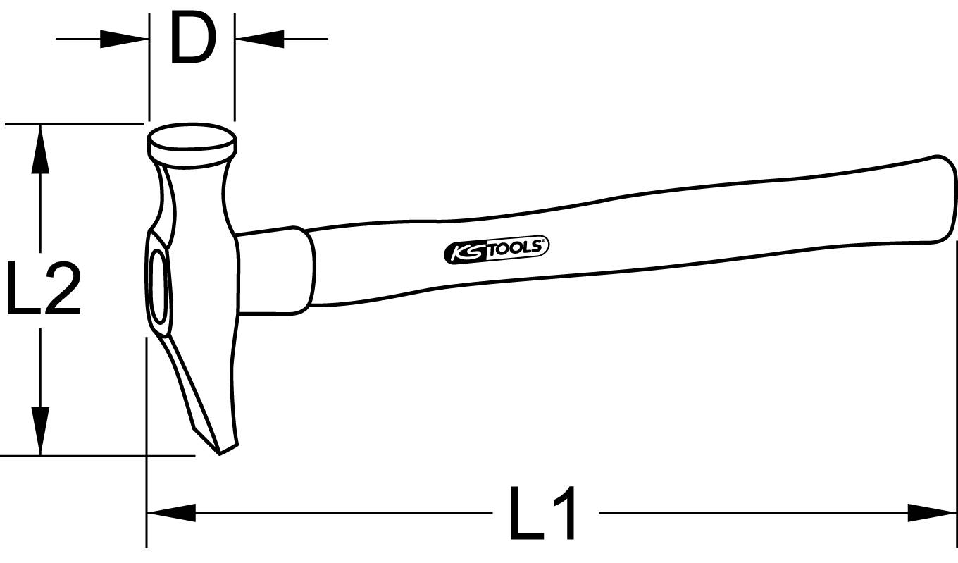 Drawing of a hammer with labels L1, L2, and D for dimensions. KStools logo on the handle.