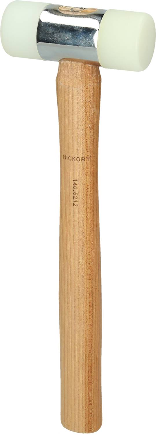 Wooden handle rubber mallet with two white rubber heads for gentle hammering on delicate surfaces.