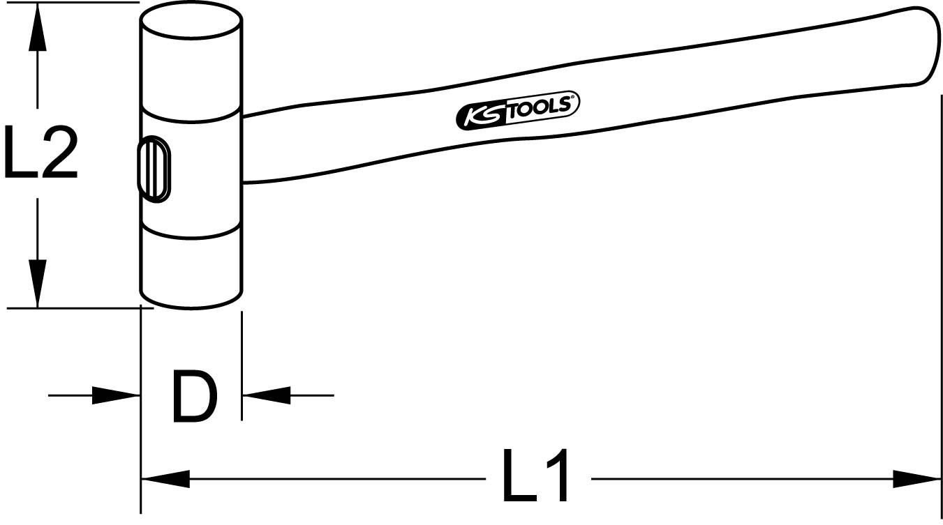 Diagram of a hammer with dimensions: L1, L2, and D. Cylindrical hammer head, curved handle. Labelled with 'KS TOOLS' on the handle.