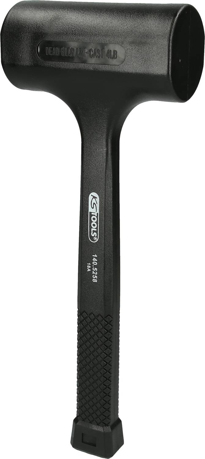 Black plastic hammer with a round head and rubber-gripped handle. Text on the head: 'DEAD BLOW CAST 4LB'. Marking on the handle: 'S STOOLS'.