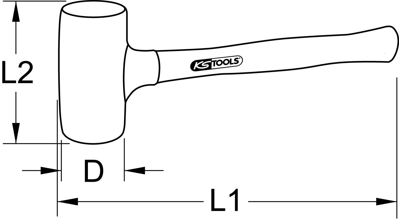 Technical drawing of a rubber mallet with dimensions L1, L2 and D, and the 'KS Tools' logo on the handle.