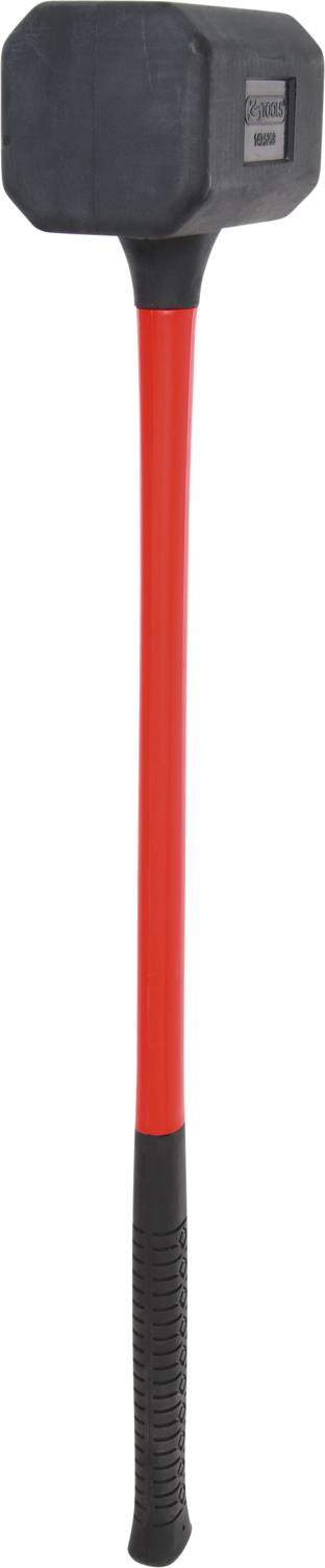 A sledgehammer with a red handle and black head. Used for heavy demolition work or industrial applications.
