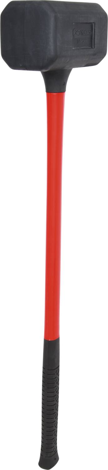 A large hammer with a red handle and black head. The handle ends in a rubberised grip for improved grip.