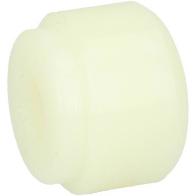 A cylindrical, white plastic wheel with a smooth surface and a central opening.