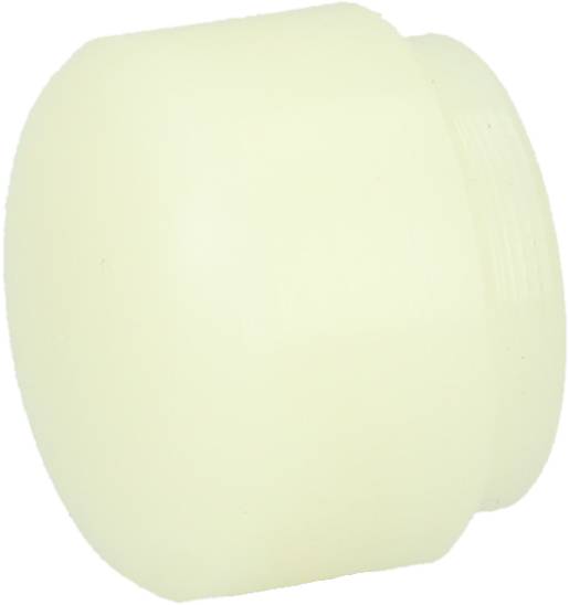 A white cylindrical plastic stopper with a smooth surface and threading, suitable for sealing pipes or containers.