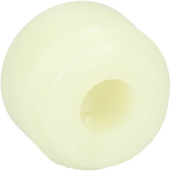 A white, round plastic component with a central hole, potentially part of a mechanical or electronic device.