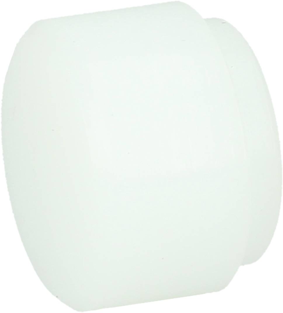 A white, cylindrical plastic cap with no visible markings or openings.
