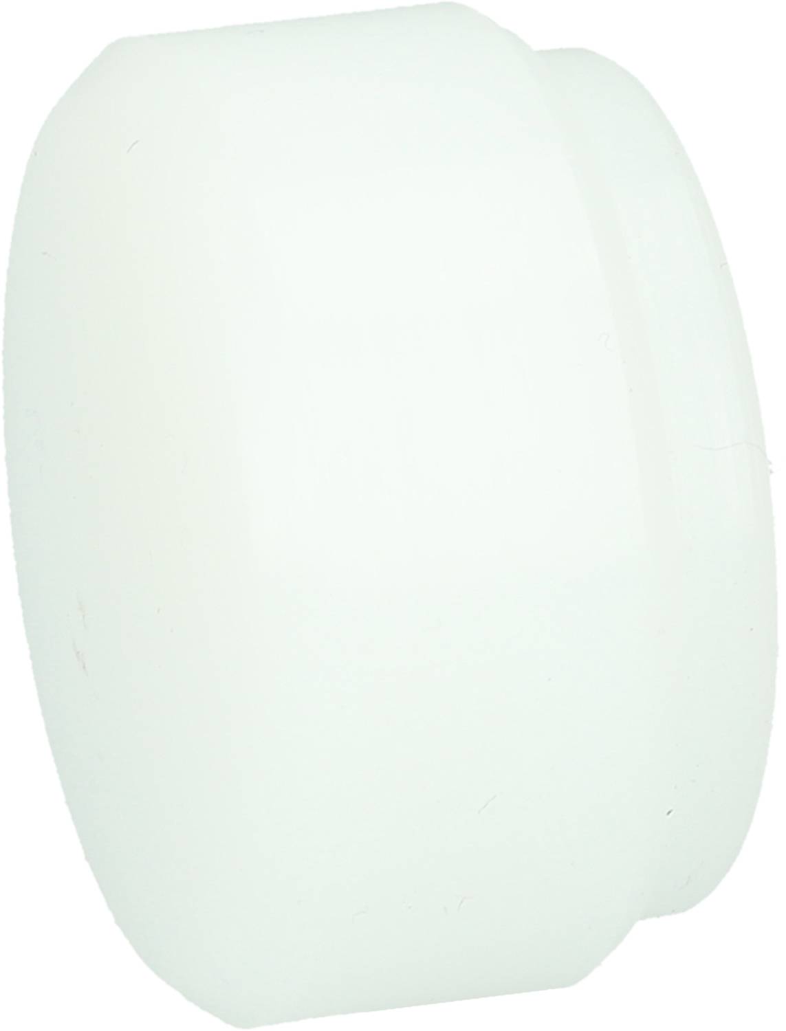 A white, cylindrical object with rounded edges, hovering in front of a neutral background.