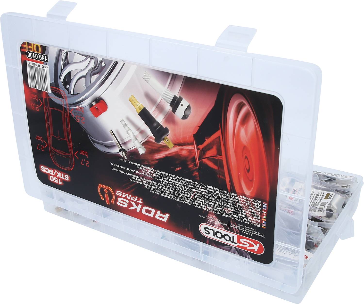 Clear view box with red and white stickers indicating bicycle valves and accessories. Contains various valve types.