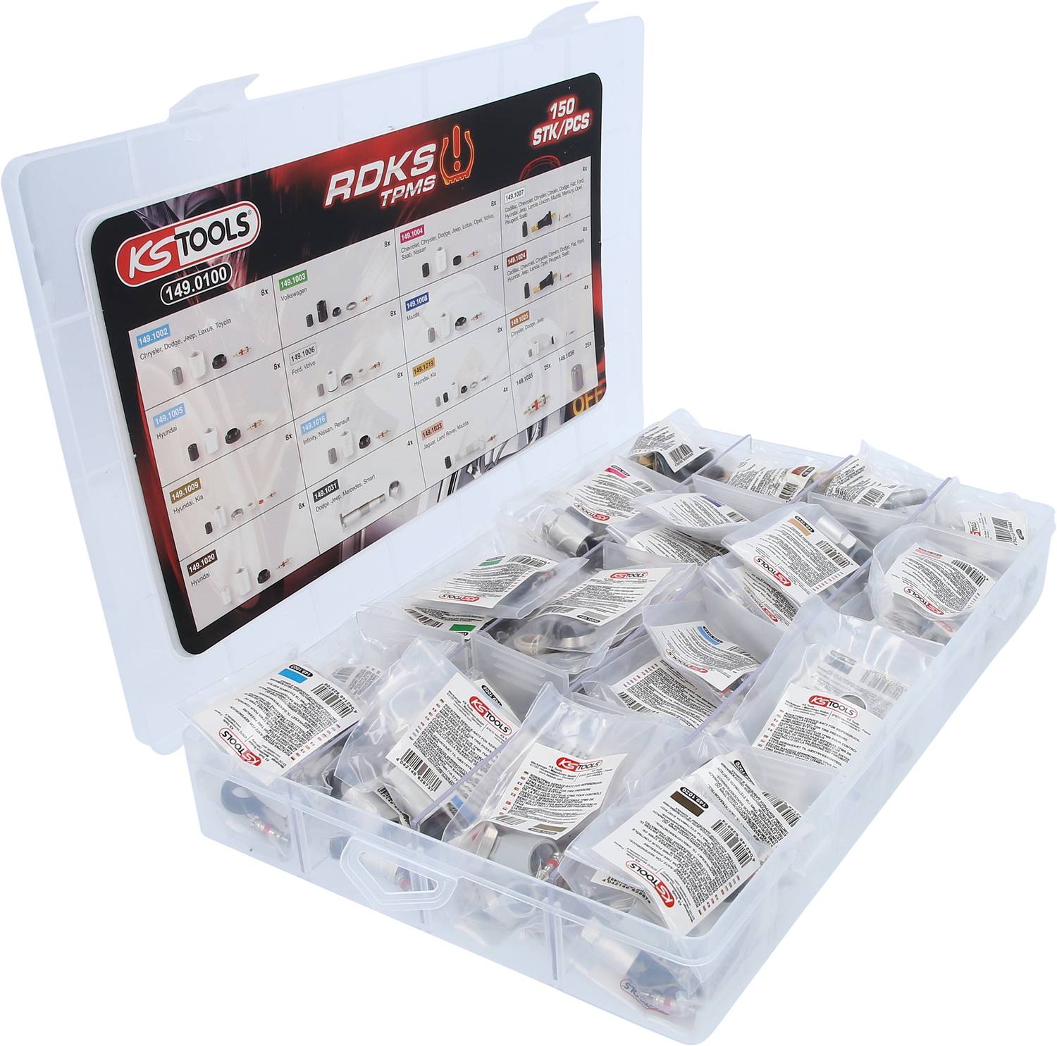 A plastic case containing 150 pieces of various screw connections. The lid features an overview of the included screw types.