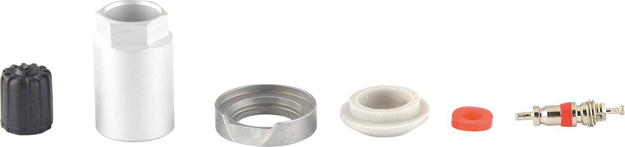 A five-piece valve dismantling set: black cap, silver sleeve, silver ring, white adapter, red sealing ring, valve.