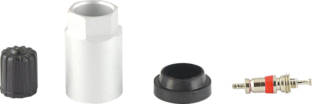 'Four tools for car repair: valve cap, valve key, rubber seal, valve insert.'