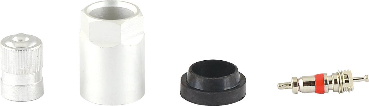 Four automotive parts, including a silver-coloured cap, a silver cylinder, a black ring, and a valve insert.