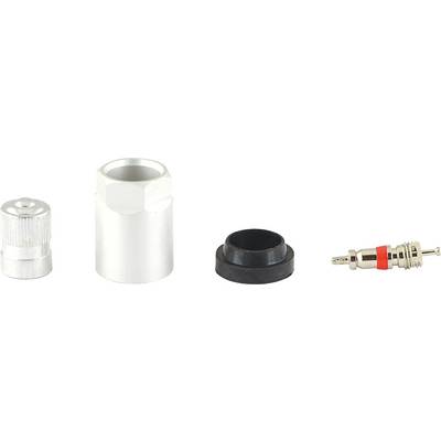 Four automotive parts, including a silver-coloured cap, a silver cylinder, a black ring, and a valve insert.