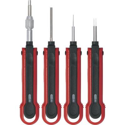 Four red extraction aids with different tips for removing connectors. They are lying side by side on a white background.