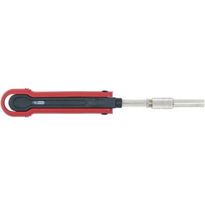 A red and black tool with a narrow, long handle and a silver rotating tip, likely a soldering iron.