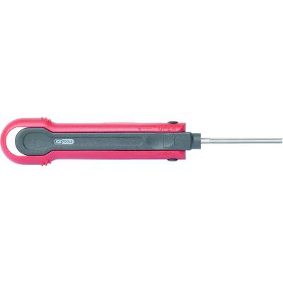 A red tool handle with a black grip section and metal rod. On the side, the arrows 'OPEN' and 'LOCK' are visible.