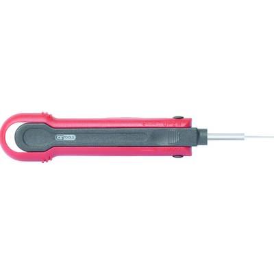 Red and black tool with a distinctive needle point, suitable for removing vehicle clamps or electrical connections.