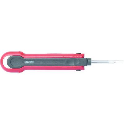Red and black wire stripper with 'KSTools' inscription, showing arrows for pushing and pulling.