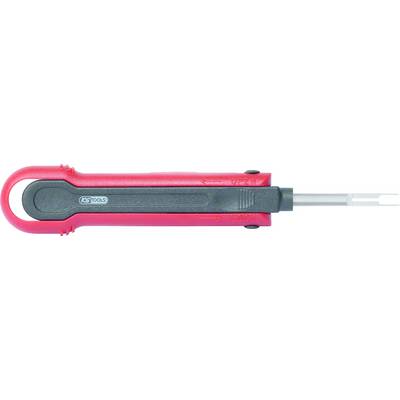 Red and black removal tool with a metal tip, used for removing unused cable contacts in electrical connectors.