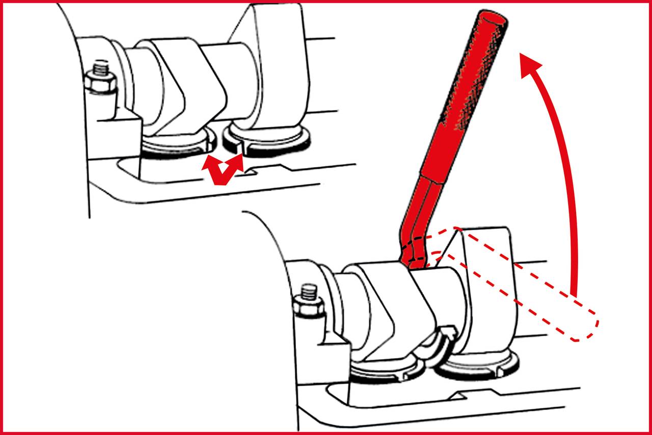 Diagram of a camshaft with lever for adjustment; arrow indicates direction of rotation. Mechanical process for changing settings.