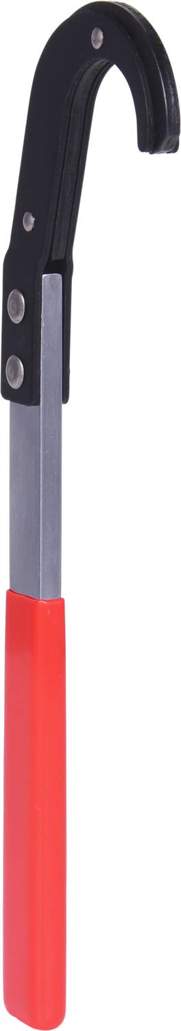 An extendable oil filter wrench with a red handle and adjustable head, designed for loosening oil filters in different sizes.