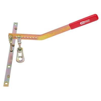 Adjustable spanner with red handle and adjustable metal rod, used for mechanical applications.