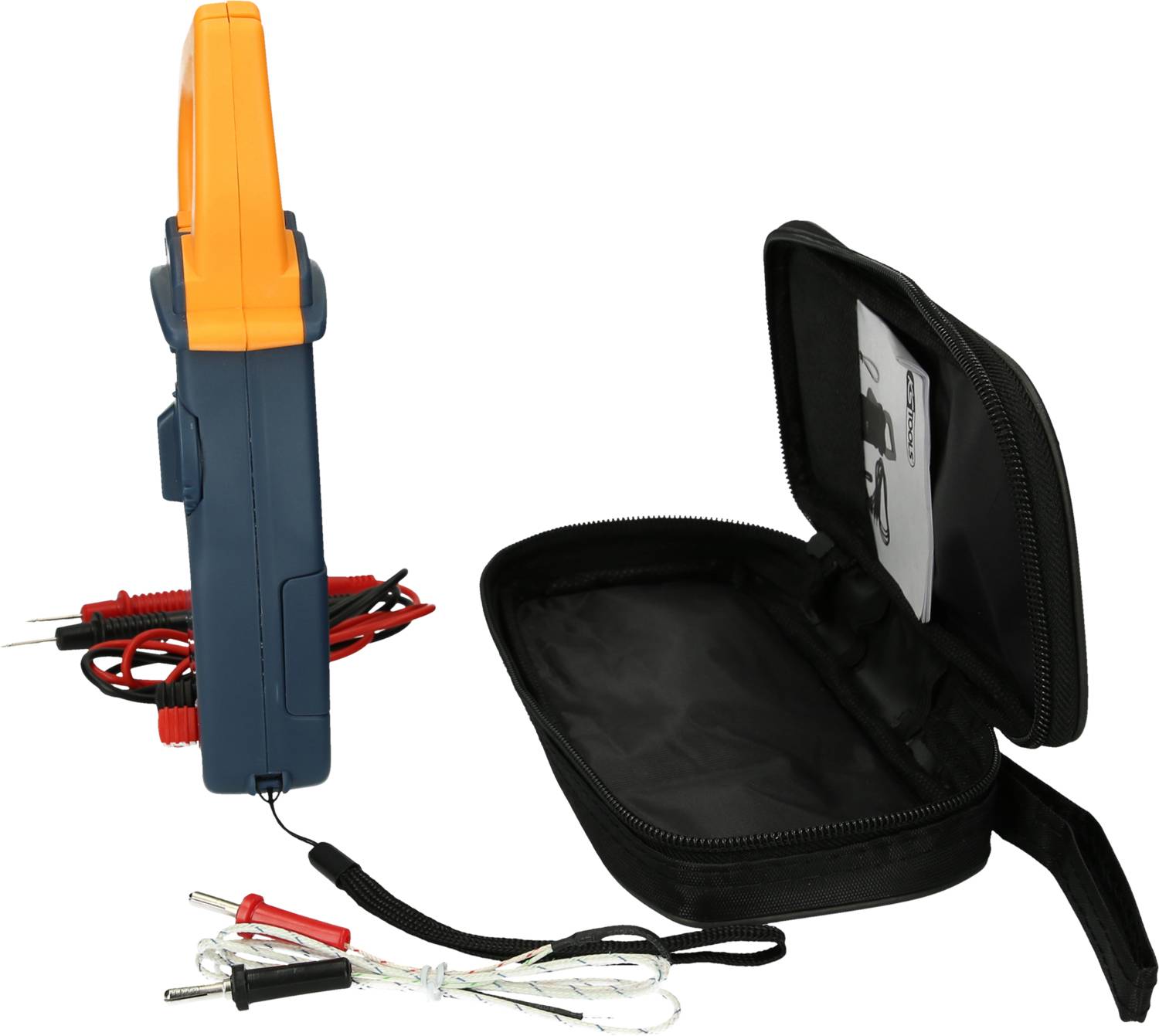 Electrical measuring device with an orange and blue casing, connected with cables and probes, next to an open black carry case.