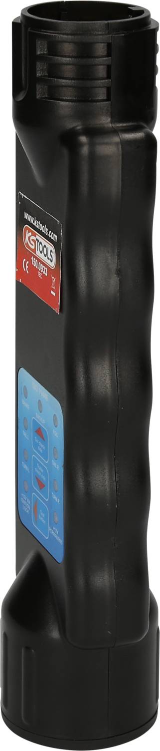 Black torch with blue control surface and red logo sticker. Slim, ergonomic design.