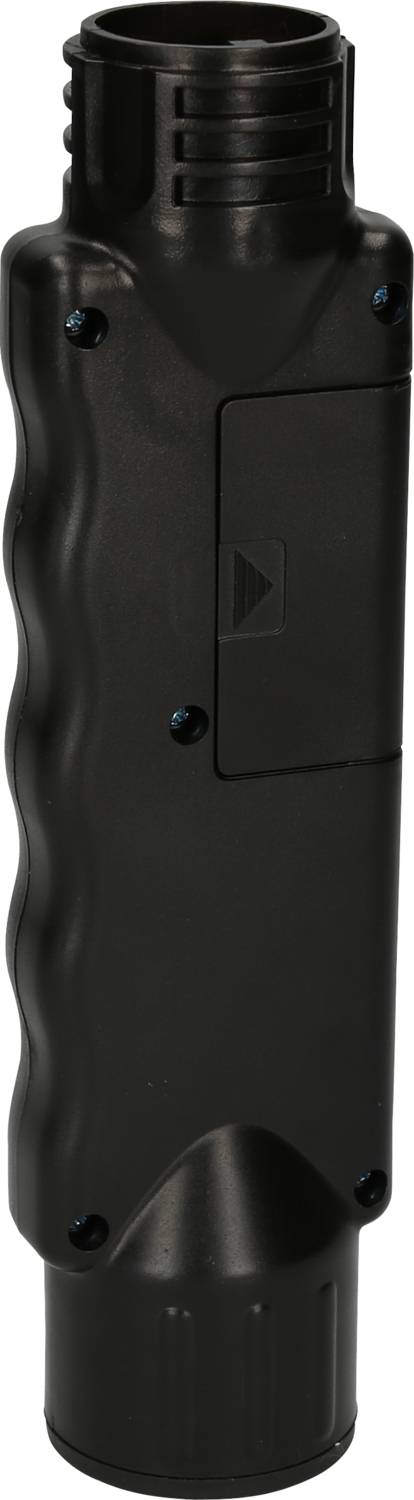 A black cylindrical adapter with a ribbed handle and small screws on its sides.