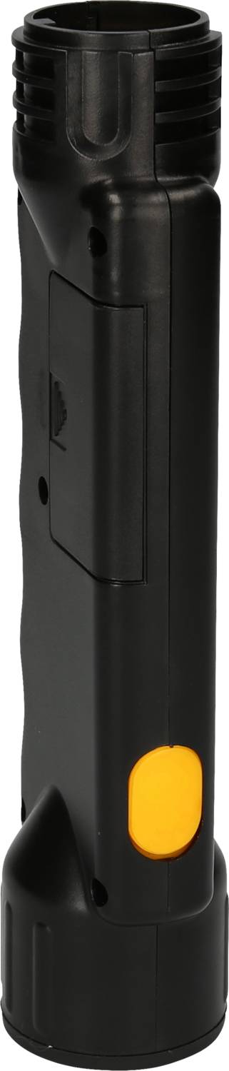 Black torch with a yellow button, vertically positioned, on a white background.