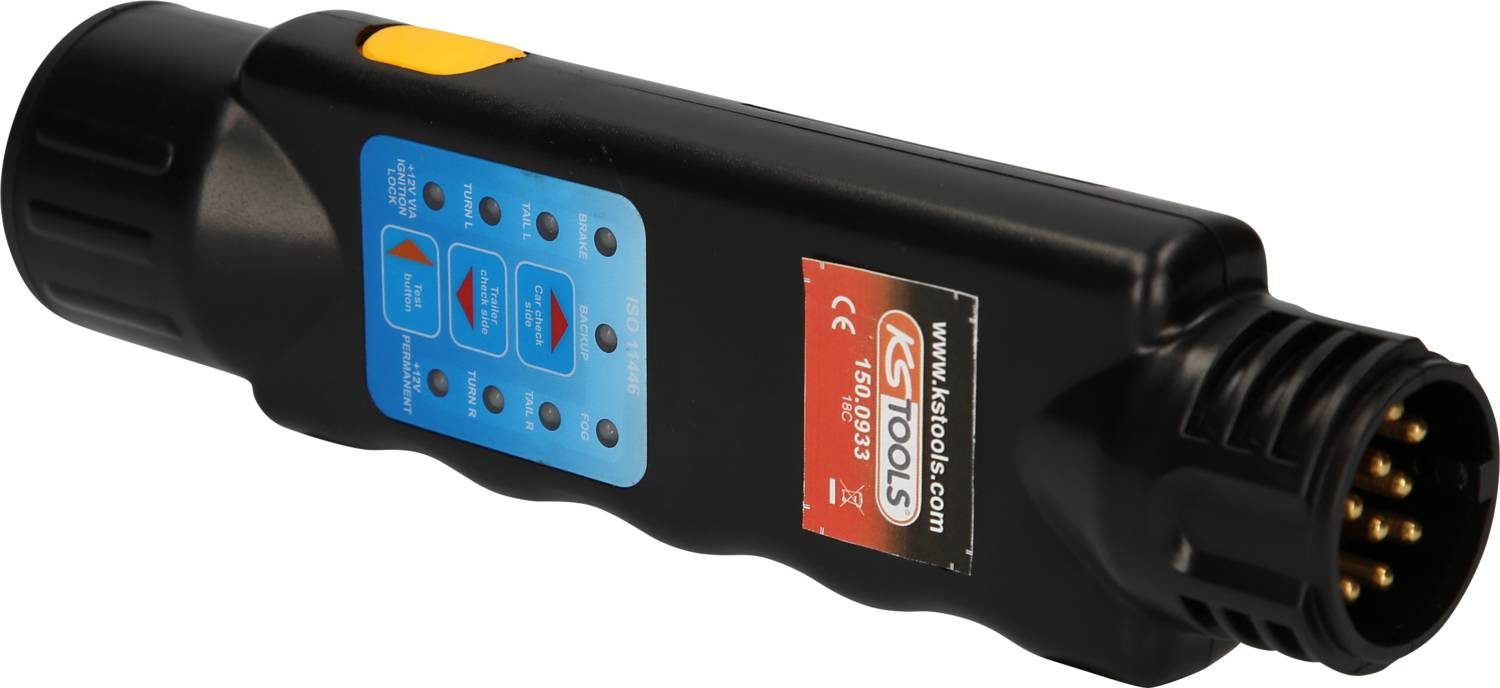 A black vehicle diagnostic device with a yellow button and blue user interface. It has multiple ports at one end.