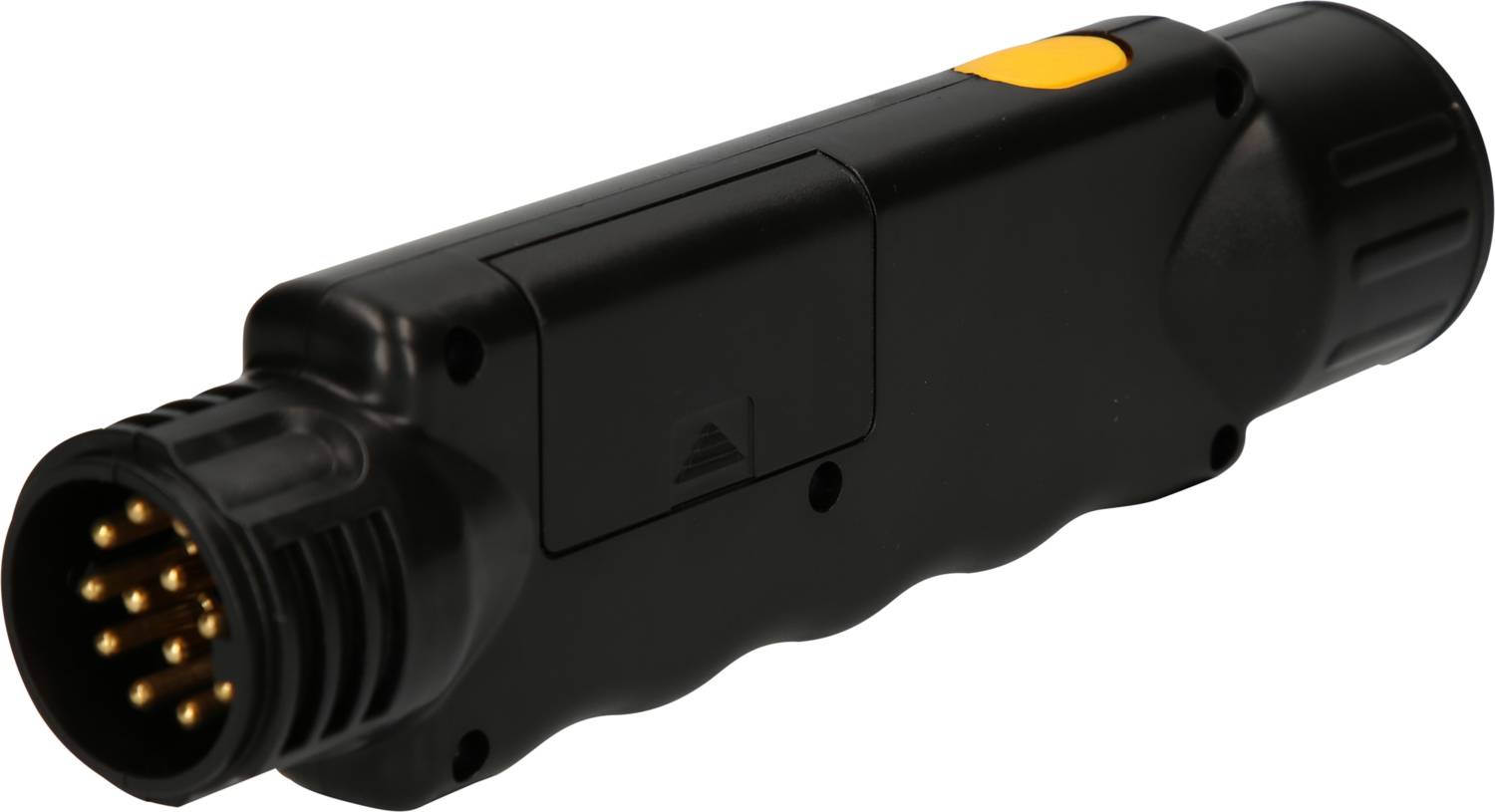 A black adaptor plug with multiple golden pins and a yellow button, likely for connecting vehicle trailers.