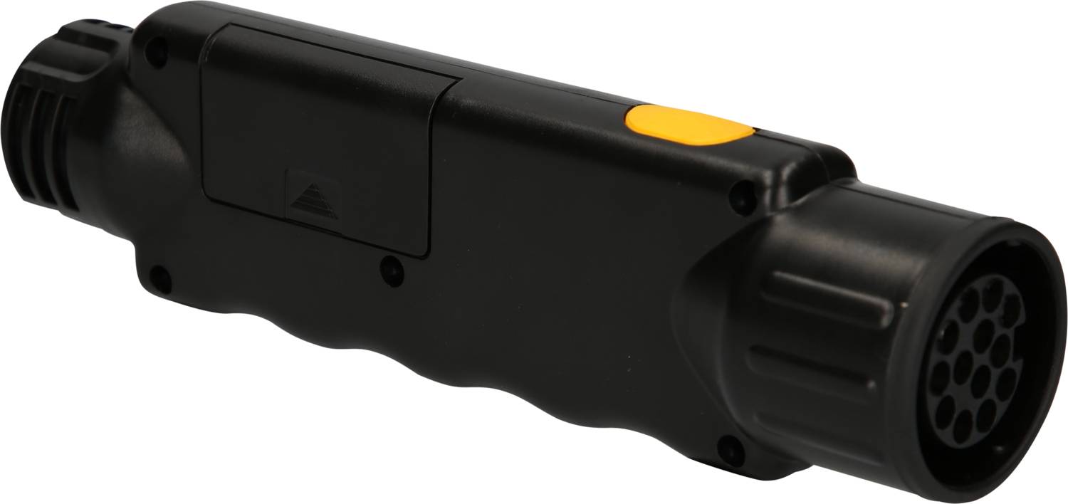 A black, cylindrical plug with a yellow button and multiple round connection points, likely for electrical connections.