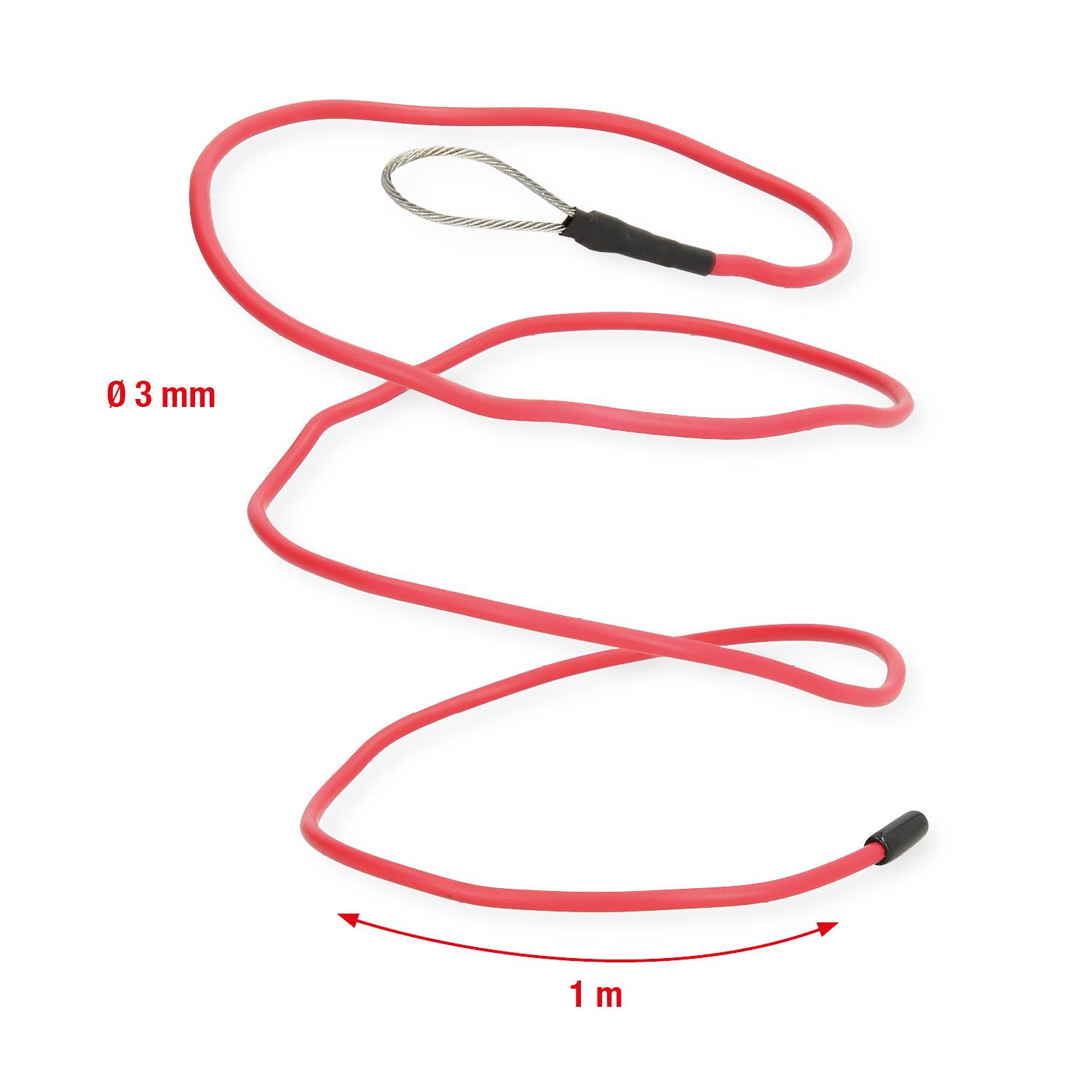 Red wave-form steel wire rope, 1 m long and 3 mm thick, with a loop at one end.