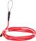 A red cable with a metal loop at one end, coiled and secured with a cable tie.