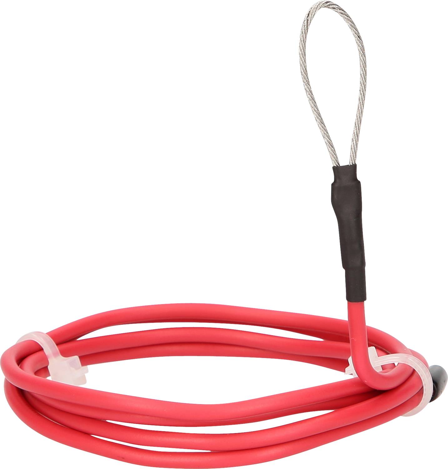 A red cable lock with a loop, partially uncoiled, is lying on a white surface. It is used for securing items.