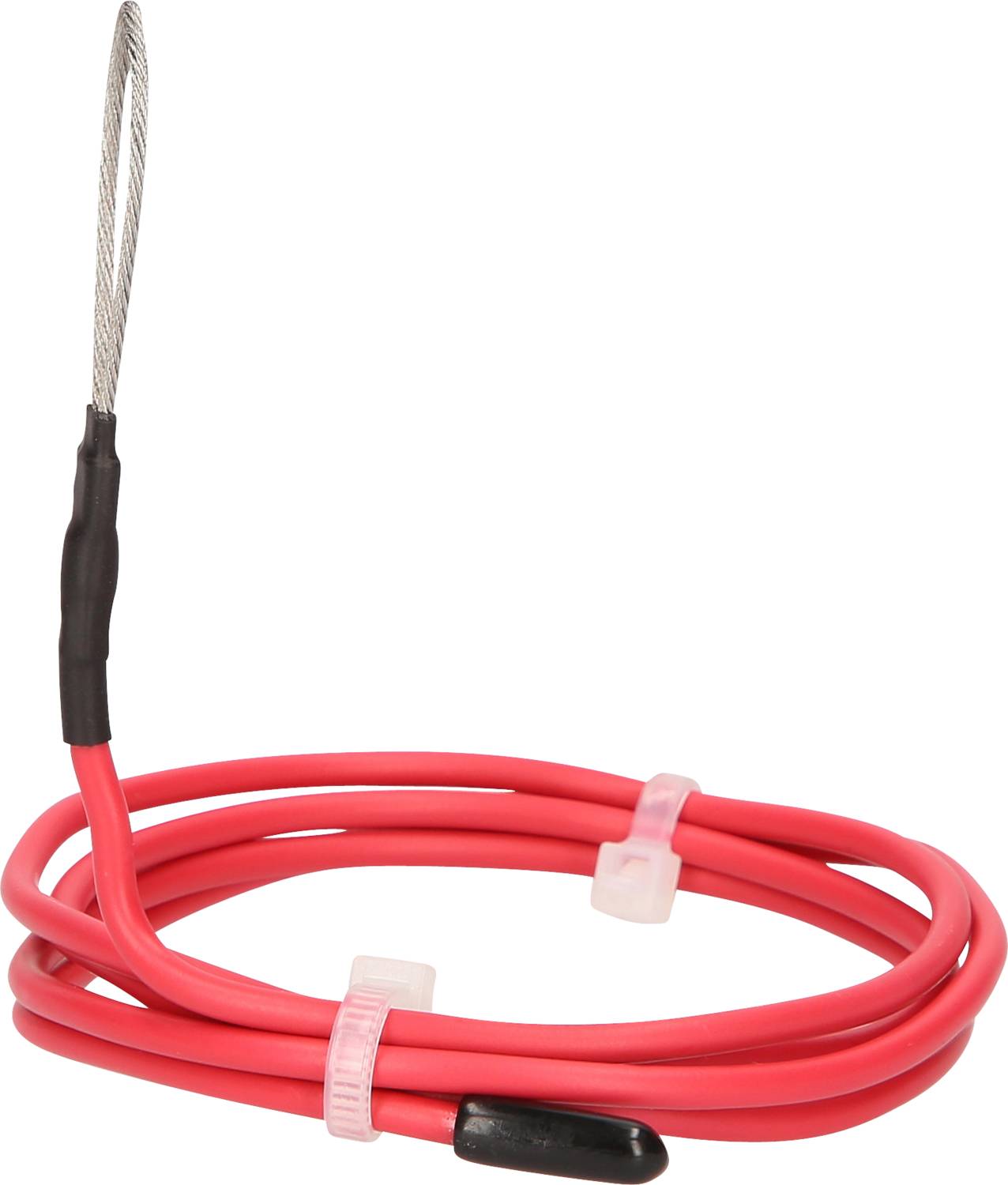 A red-jacketed cable with a black sensor at one end, coiled and secured with white cable ties.