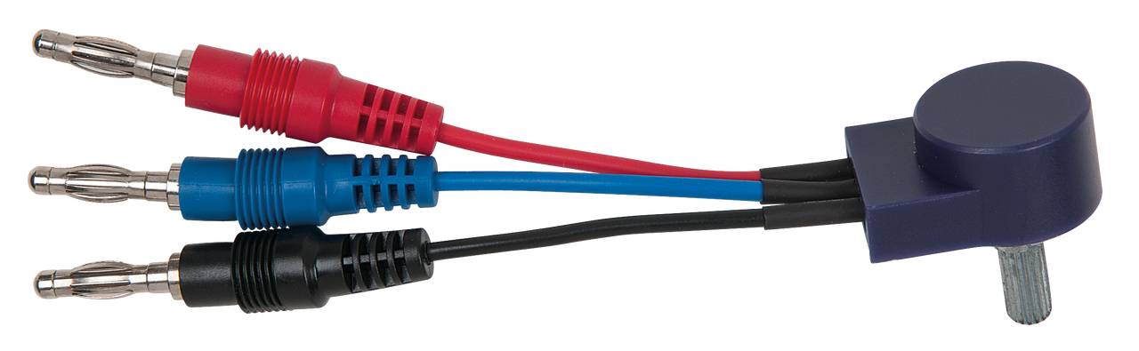 Three banana plugs in red, blue, and black are designed for electrical connections and attached to a black plastic housing.
