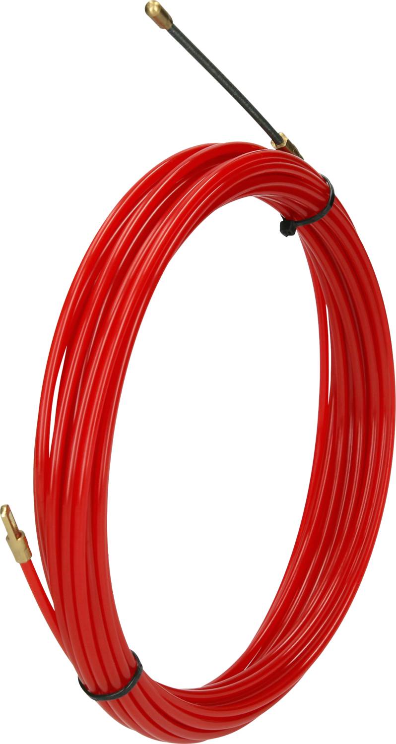 Red cable pulling aid, coiled, with metal tip, used for installing cables in narrow or hard-to-reach areas.