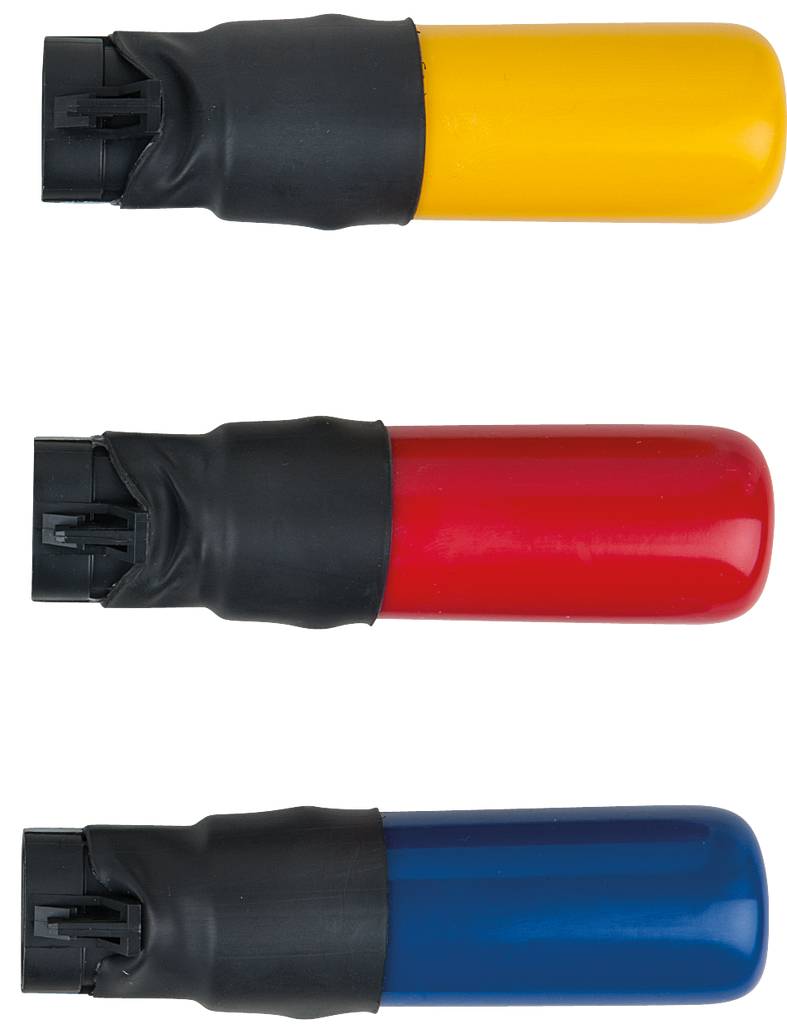 Three spray cans with caps: yellow, red, and blue. The cans are vertically aligned and shown against a neutral background.