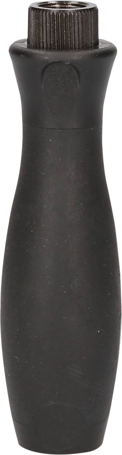 Black, ribbed device handle in a vertical orientation. Suitable for comfortable and secure grip during use.