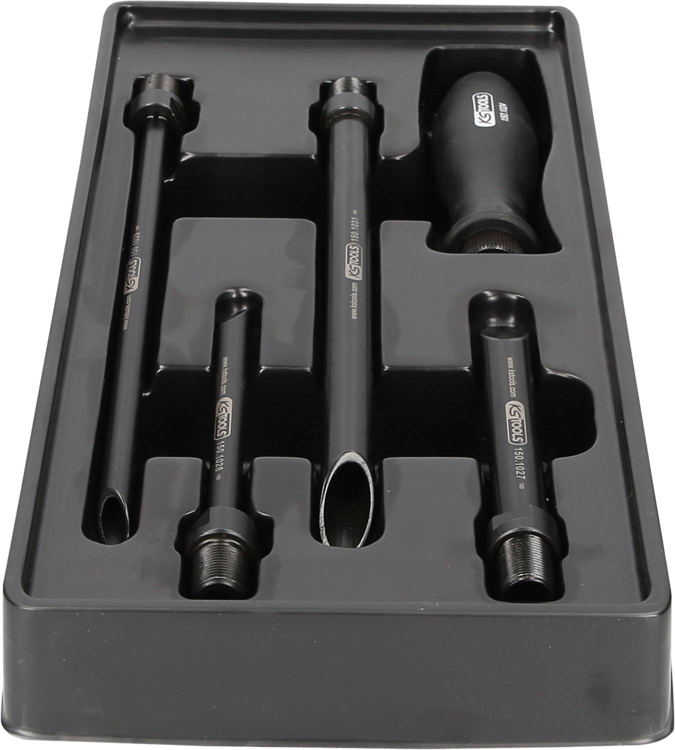 A set of black socket nuts in a plastic box, comprising five different tools.