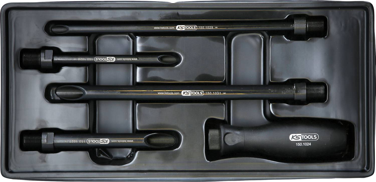 A tool set consisting of five black extension bars and a handle in a plastic box, labelled with 'KS Tools'.