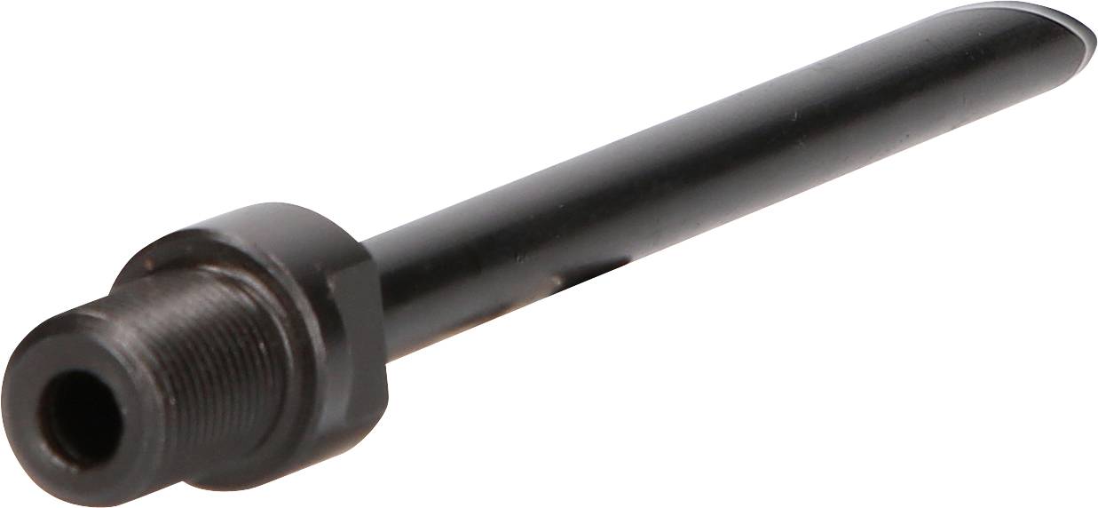 Metallic cylinder with thread and a long, slender shaft, potentially part of a mechanical system.