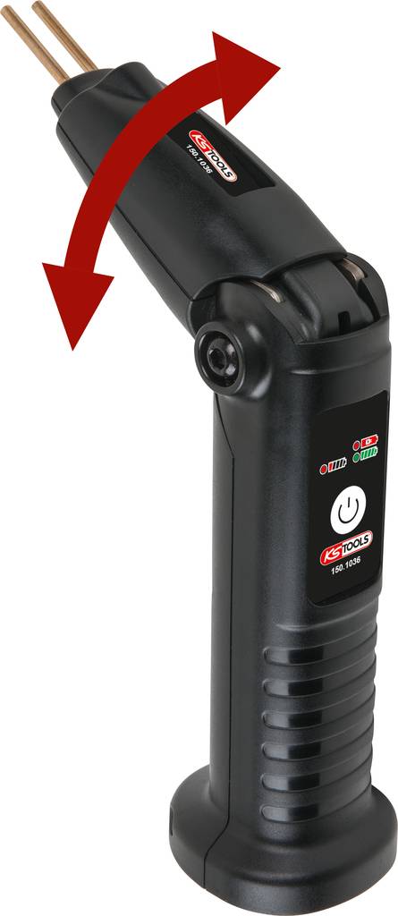 'Rotatable soldering iron with ergonomic handle, demonstrates flexible usage options with directional arrow for improved handling.'