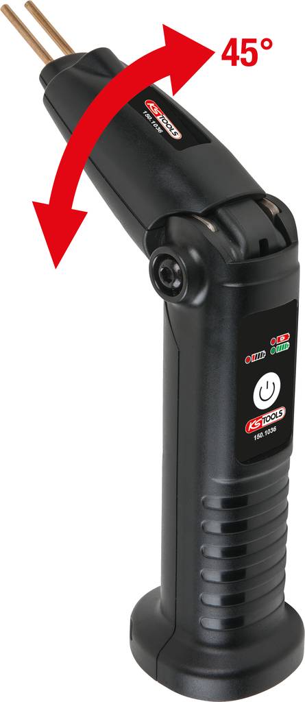 'IS Tools' electric soldering iron with a rotating head, adjustable by 45°. Buttons and LED indicators visible on the handle.